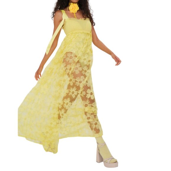 For Love and Lemons Emma Floral Sheer Maxi Dress Yellow Size Small NWT - Picture 2 of 8